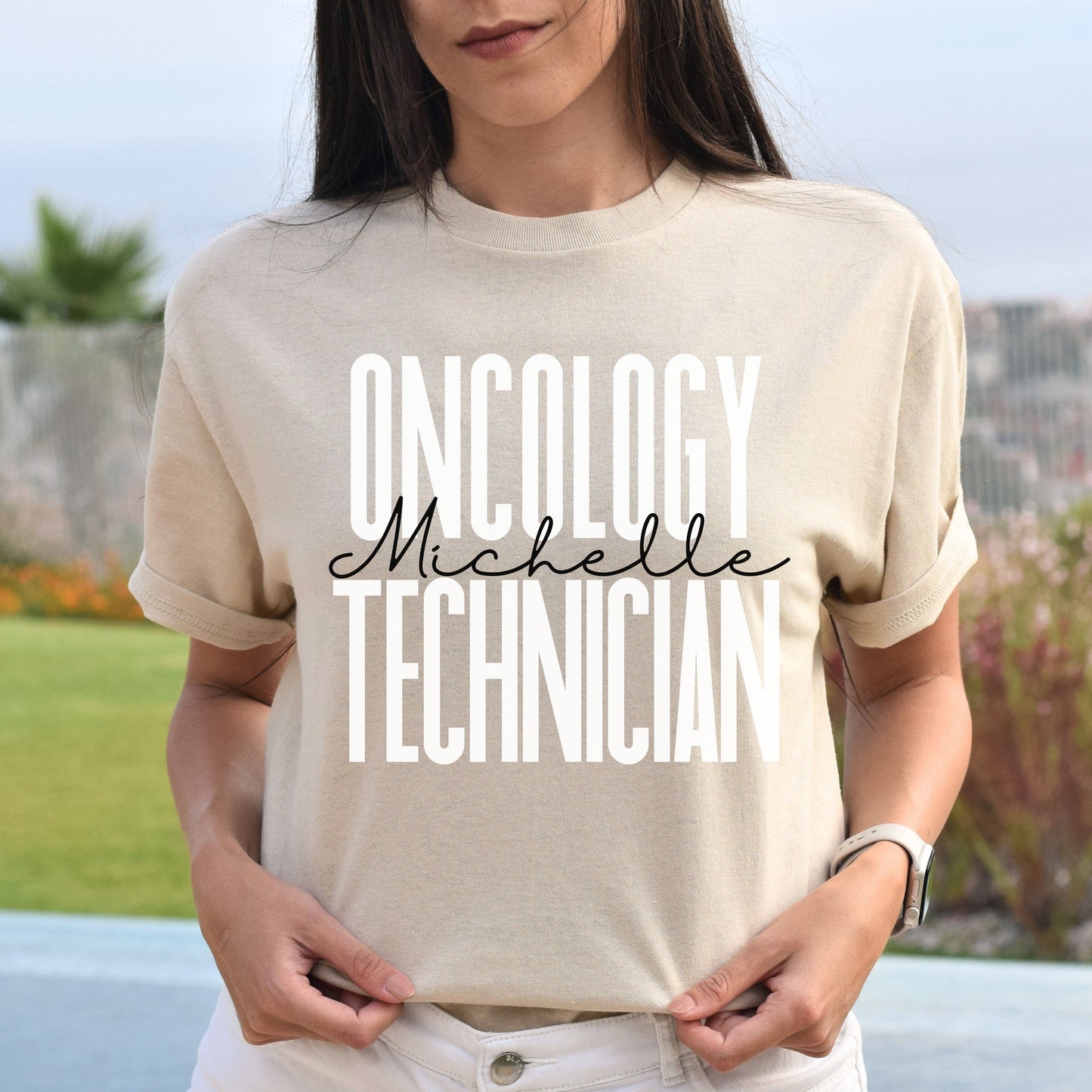 Personalized Oncology technician T-shirt gift Custom Oncology tech squad Unisex Tee Sand Pink Light Blue-Sand-Family-Gift-Planet