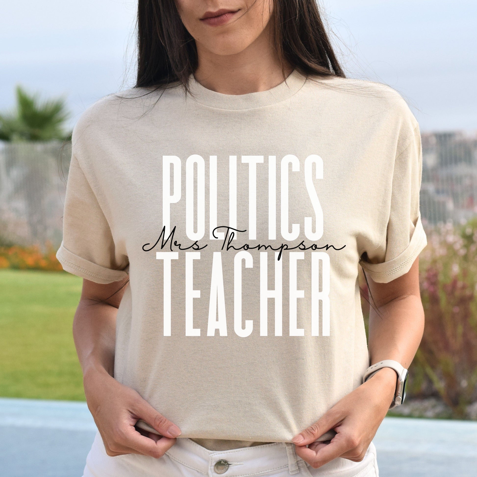 Personalized Politics teacher T-shirt gift Custom Politics science professor Unisex Tee Sand Pink Light Blue-Sand-Family-Gift-Planet