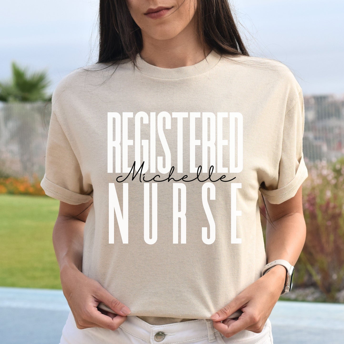 Personalized Registered nurse T-shirt gift Custom name RN Registered Nurse Practitioner Unisex Tee Sand Pink Light Blue-Sand-Family-Gift-Planet