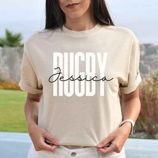 Personalized Rugby T-shirt gift Custom name Rugby player Rugby coach Unisex Tee Sand Pink Light Blue-Sand-Family-Gift-Planet