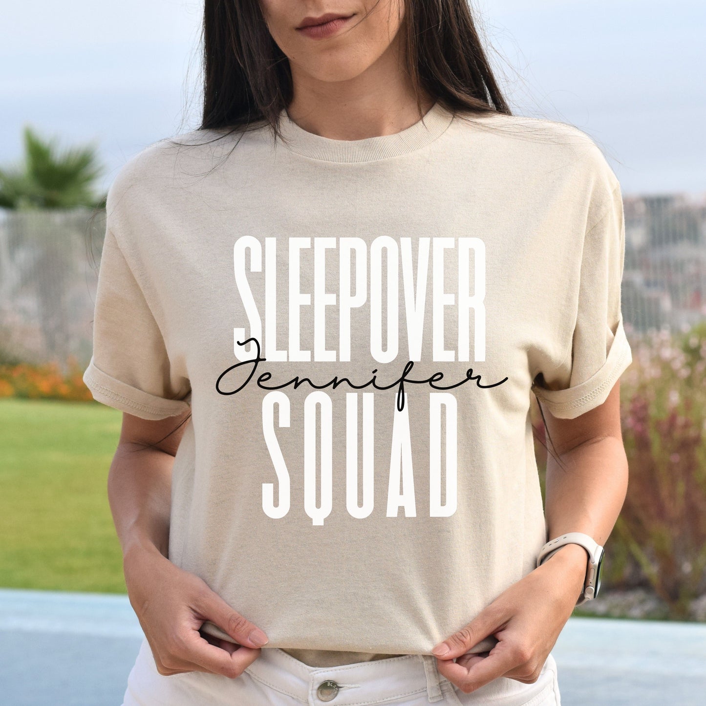 Personalized Sleepover squad T-shirt gift Custom name girls sleeping party Unisex Tee Sand Pink Light Blue-Sand-Family-Gift-Planet