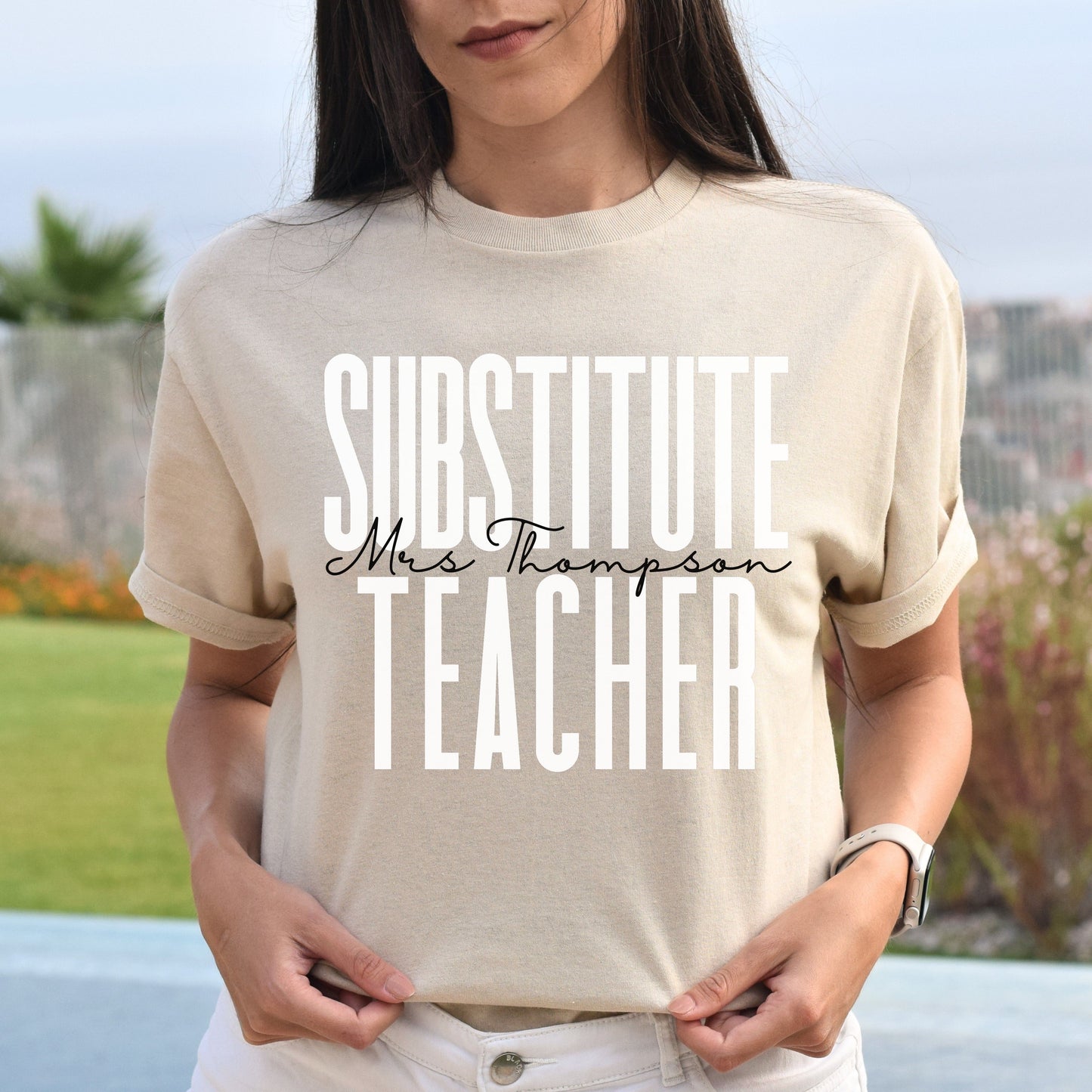 Personalized Substitute teacher T-shirt gift Custom name sub teacher back to school Unisex Tee Sand Pink Light Blue-Sand-Family-Gift-Planet