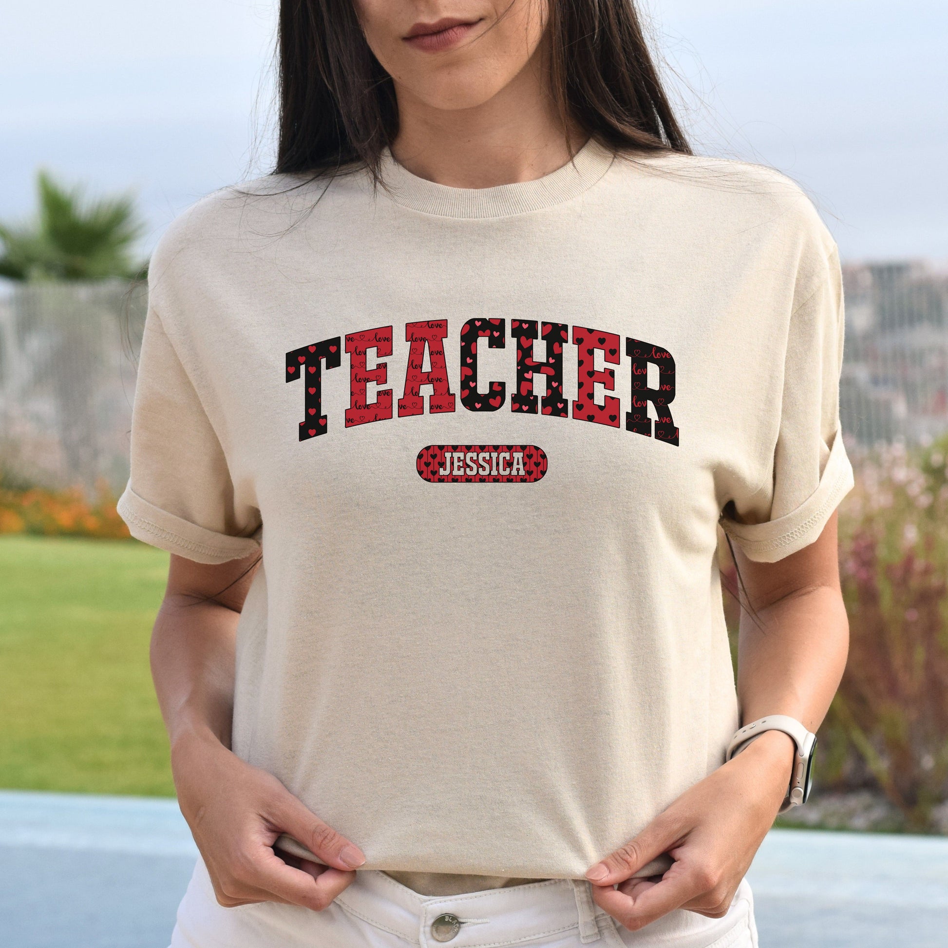 Personalized Teacher Valentine's Day Unisex T-Shirt Custom name School teacher heart love-Sand-Family-Gift-Planet