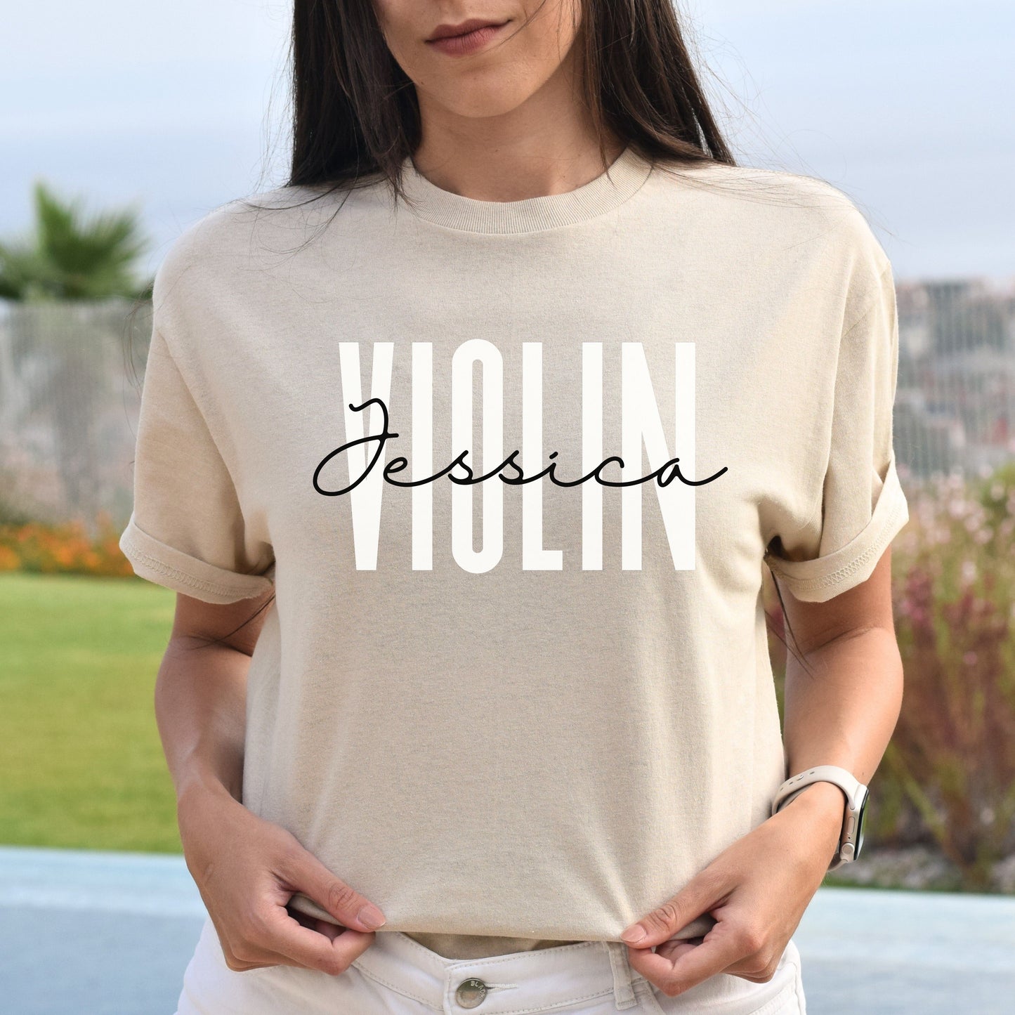 Personalized Violin T-shirt gift Custom name Orchestra Violin player Unisex Tee Sand Pink Light Blue-Sand-Family-Gift-Planet