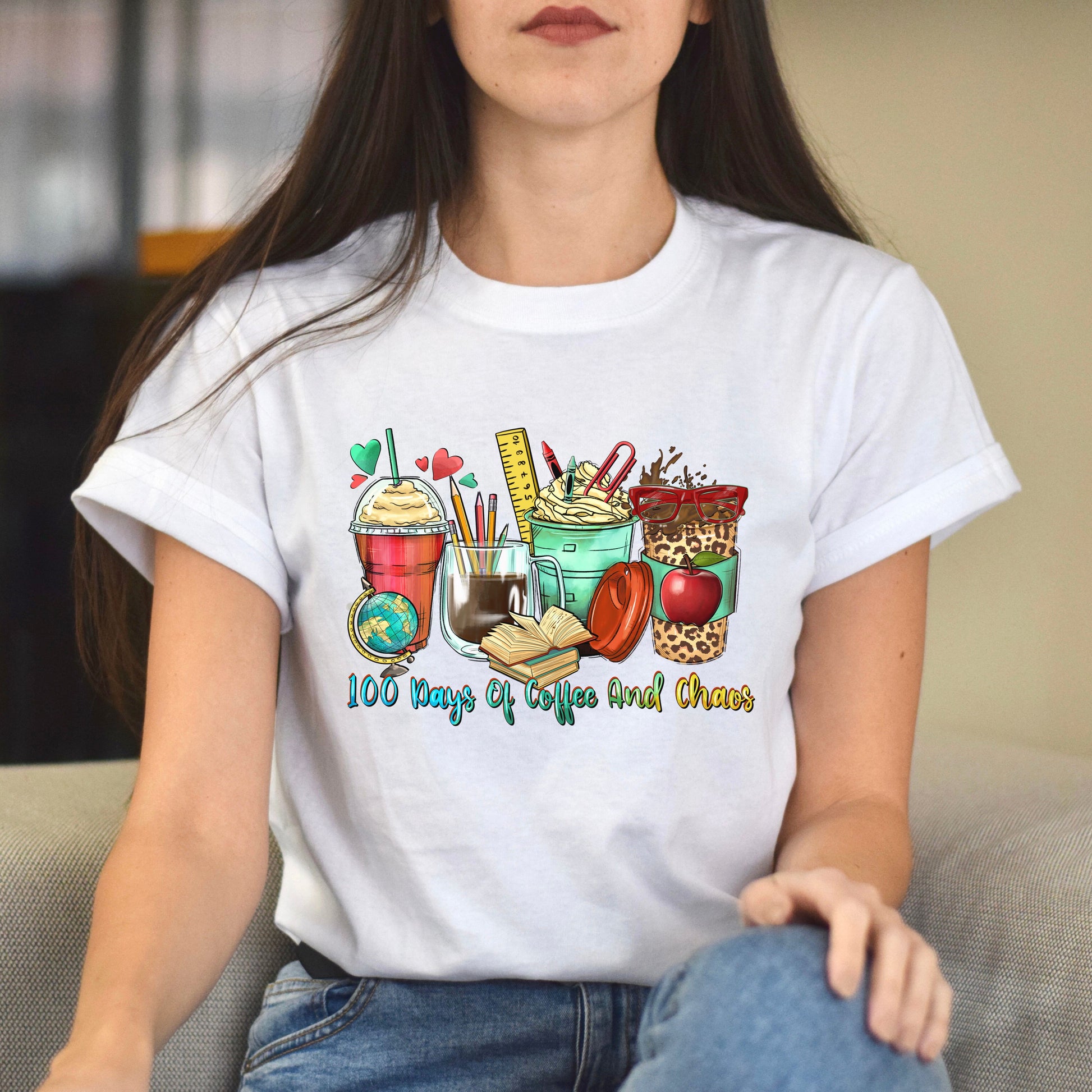 100 days of coffee and chaos coffee cups unisex tshirt 100 days of school S-5XL-Family-Gift-Planet