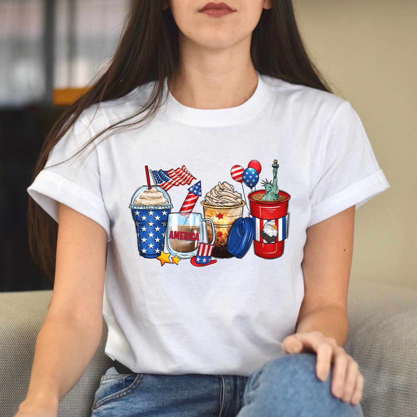 4th of July coffee cups unisex tshirt US Independence day S-5XL-White-Family-Gift-Planet
