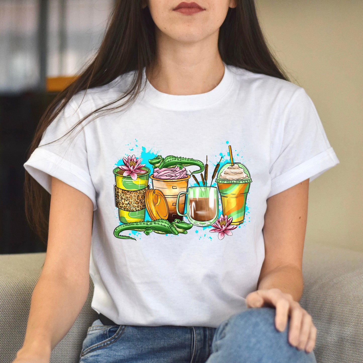 Aligator and coffee cups unisex tshirt jungle crocodile tee S-5XL-Family-Gift-Planet