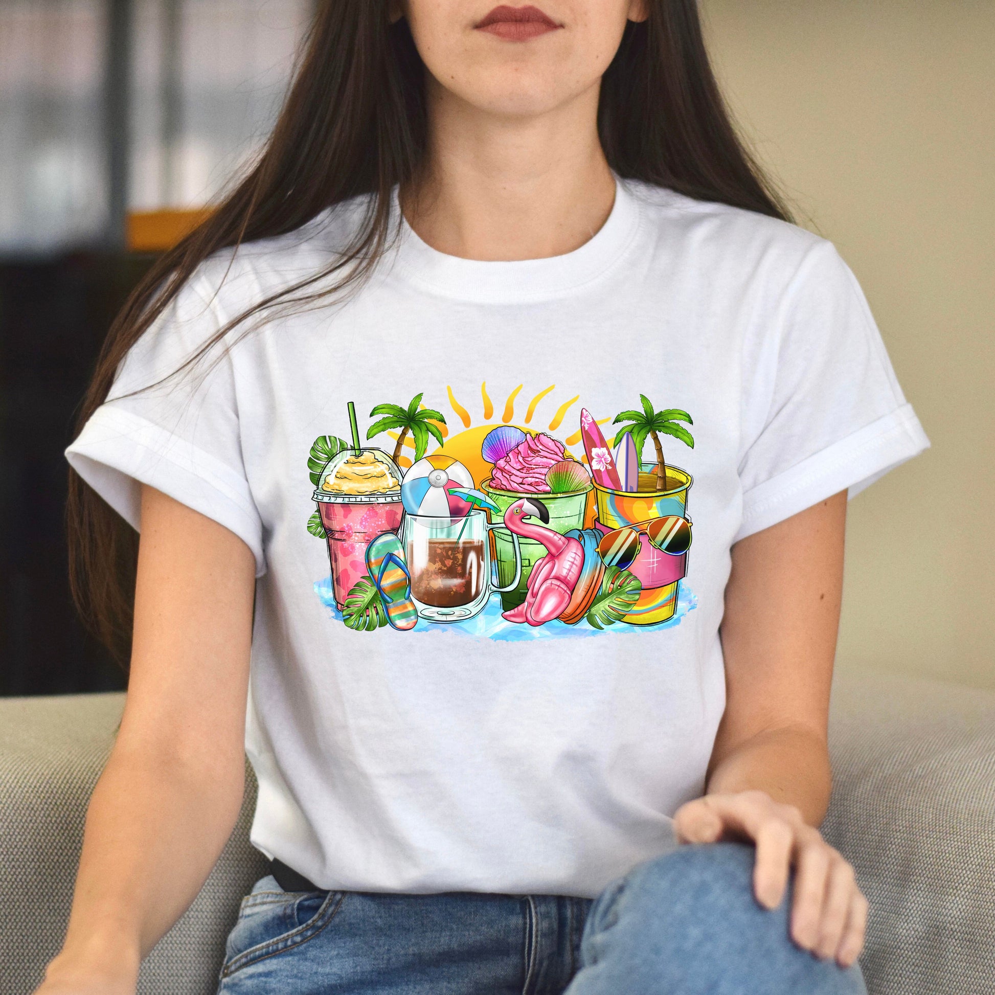 Summer beach and coffee cups unisex tshirt Holiday tee S-5XL-Family-Gift-Planet