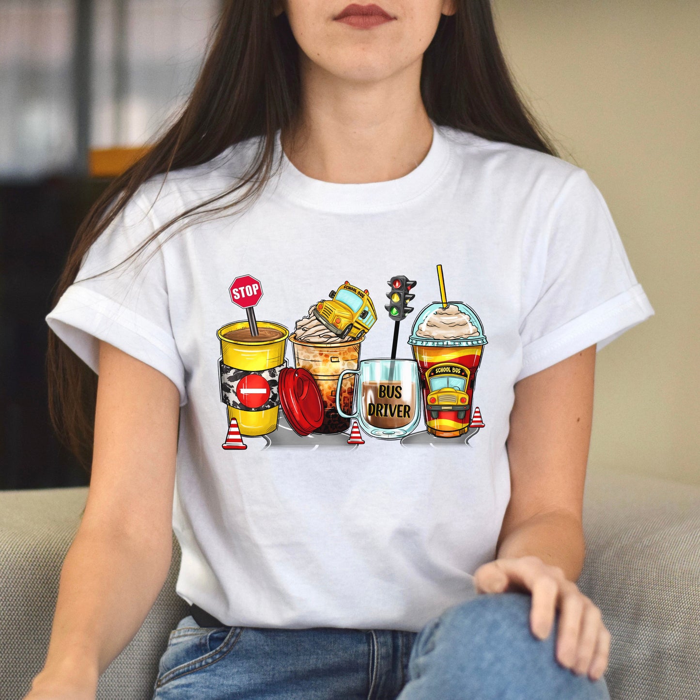 School bus driver and coffee cups unisex tshirt back to school tee S-5XL-White-Family-Gift-Planet