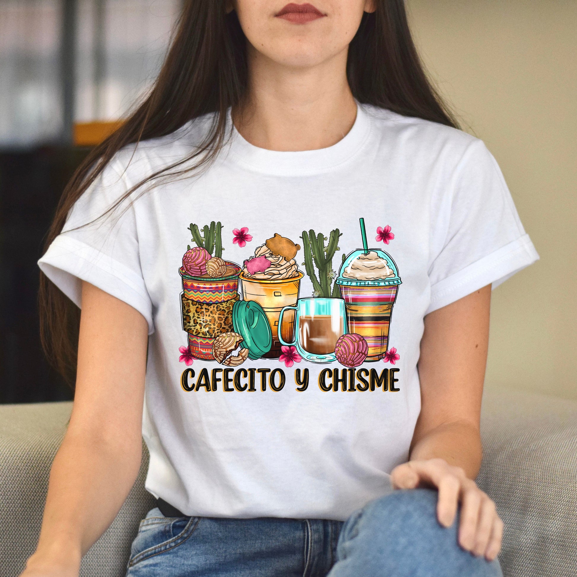 Cafecito y chisme coffee cups unisex tshirt Mexican coffee lover tee S-5XL-Family-Gift-Planet