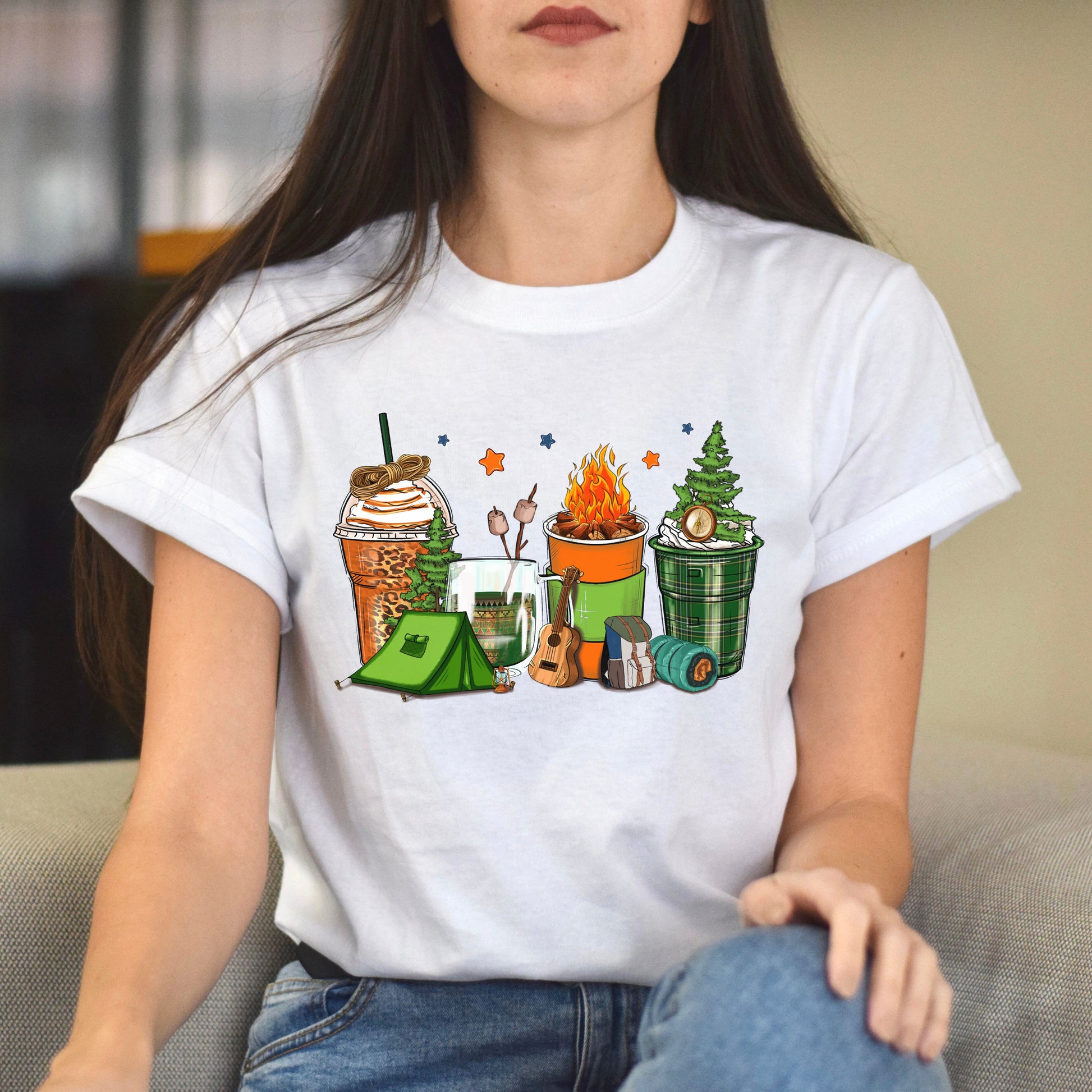 Camping and coffee cups unisex tshirt happy camper tee S-5XL-Family-Gift-Planet