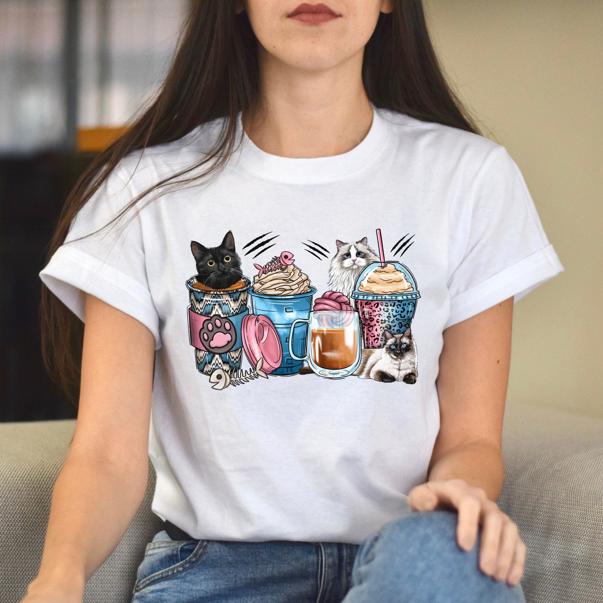 Cats coffee cups unisex tshirt cats owner tee S-5XL-White-Family-Gift-Planet