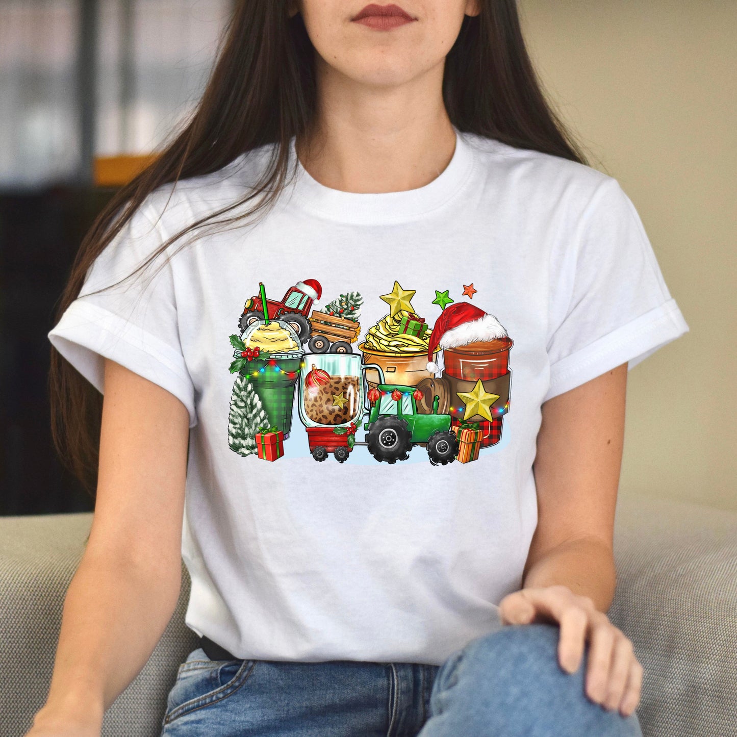 Christmas tractor and coffee cups unisex tshirt tractor owner tee S-5XL-Family-Gift-Planet