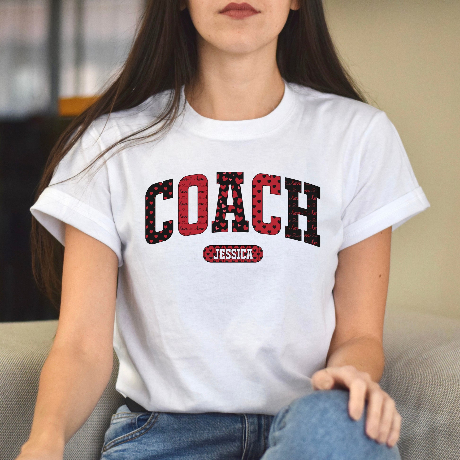 Personalized Coach Valentine's Day Unisex T-Shirt Custom name school coach heart love-White-Family-Gift-Planet