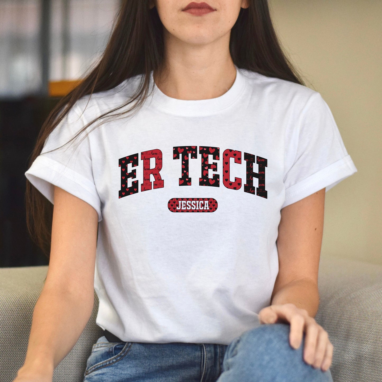 Personalized ER tech Valentine's Day Unisex T-Shirt Custom name Emergency Technician heart love-White-Family-Gift-Planet