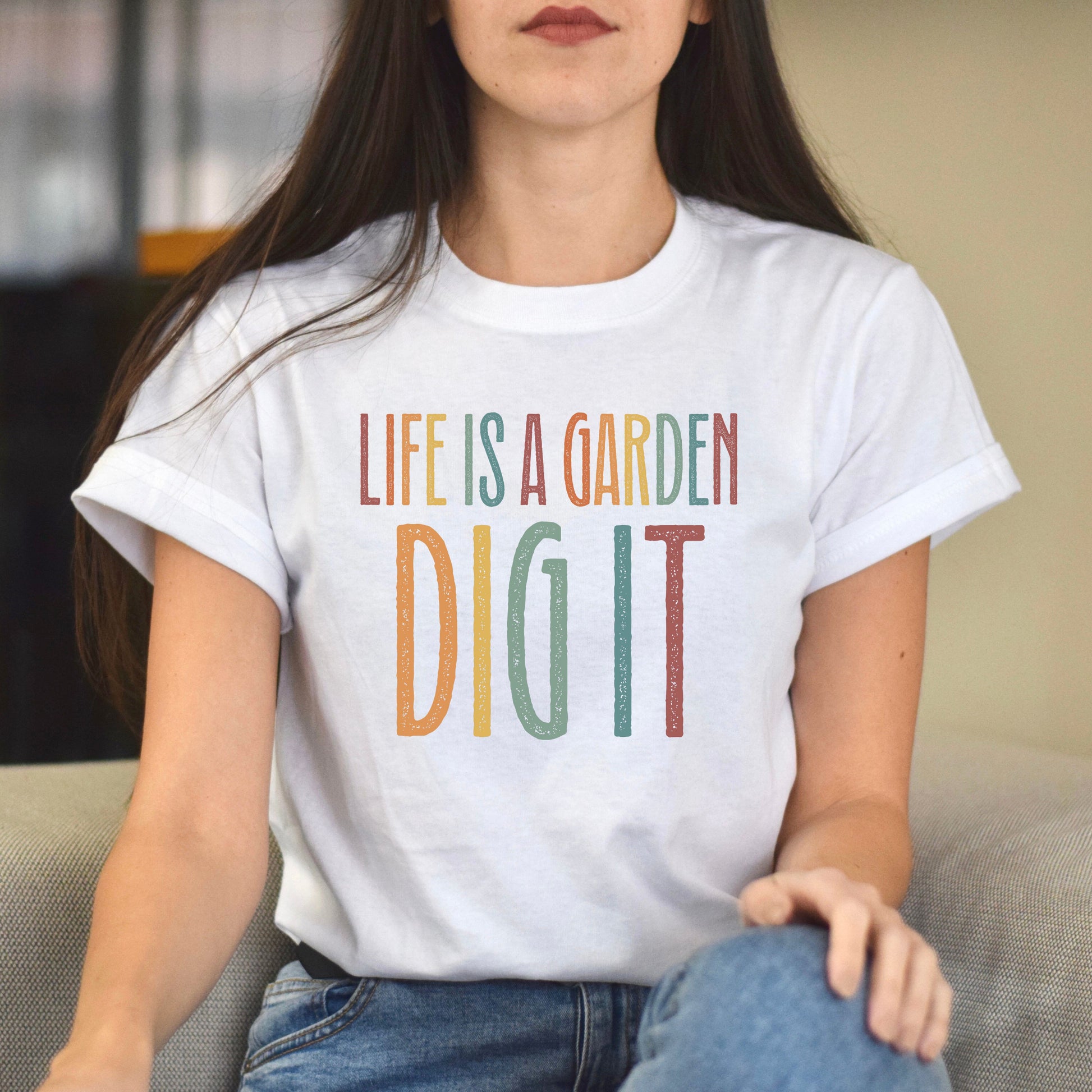 Life is a garden dig it Unisex T-Shirt Gardener tee Black Dark Heather White-White-Family-Gift-Planet