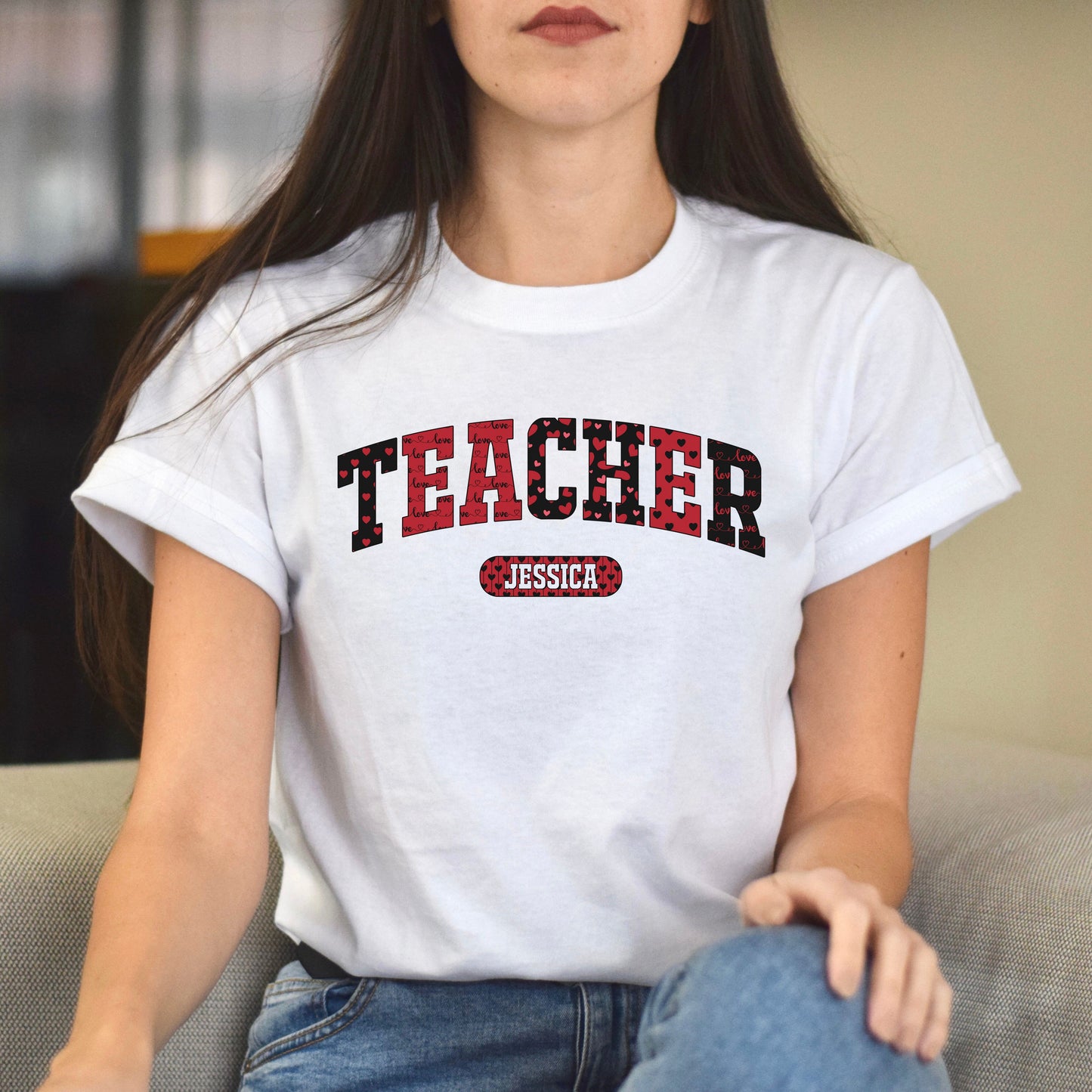 Personalized Teacher Valentine's Day Unisex T-Shirt Custom name School teacher heart love-White-Family-Gift-Planet