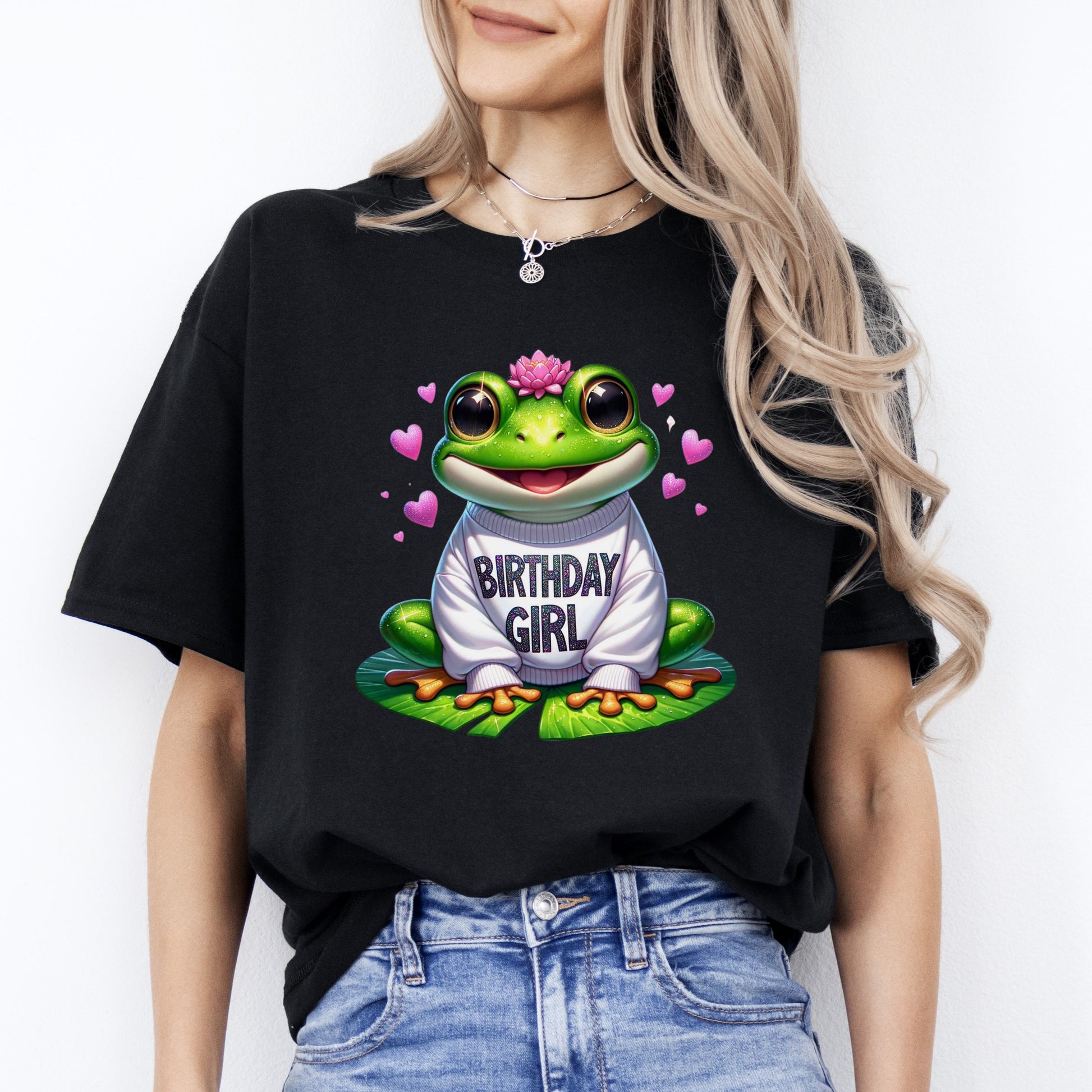 Frog Birthday Girl T-Shirt gift Smiling Birthday Frog hearts Unisex tee Black Navy Dark Heather-Black-Family-Gift-Planet