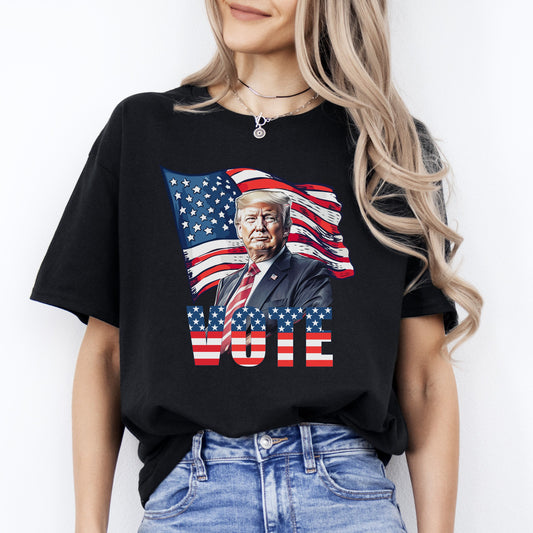 Vote T-Shirt US election 2024 Trump American flag Unisex tee Black Navy Dark Heather-Black-Family-Gift-Planet