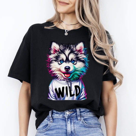 Husky Wild T-Shirt gift Cute Neon Husky dog owner Unisex tee Black Navy Dark Heather-Black-Family-Gift-Planet