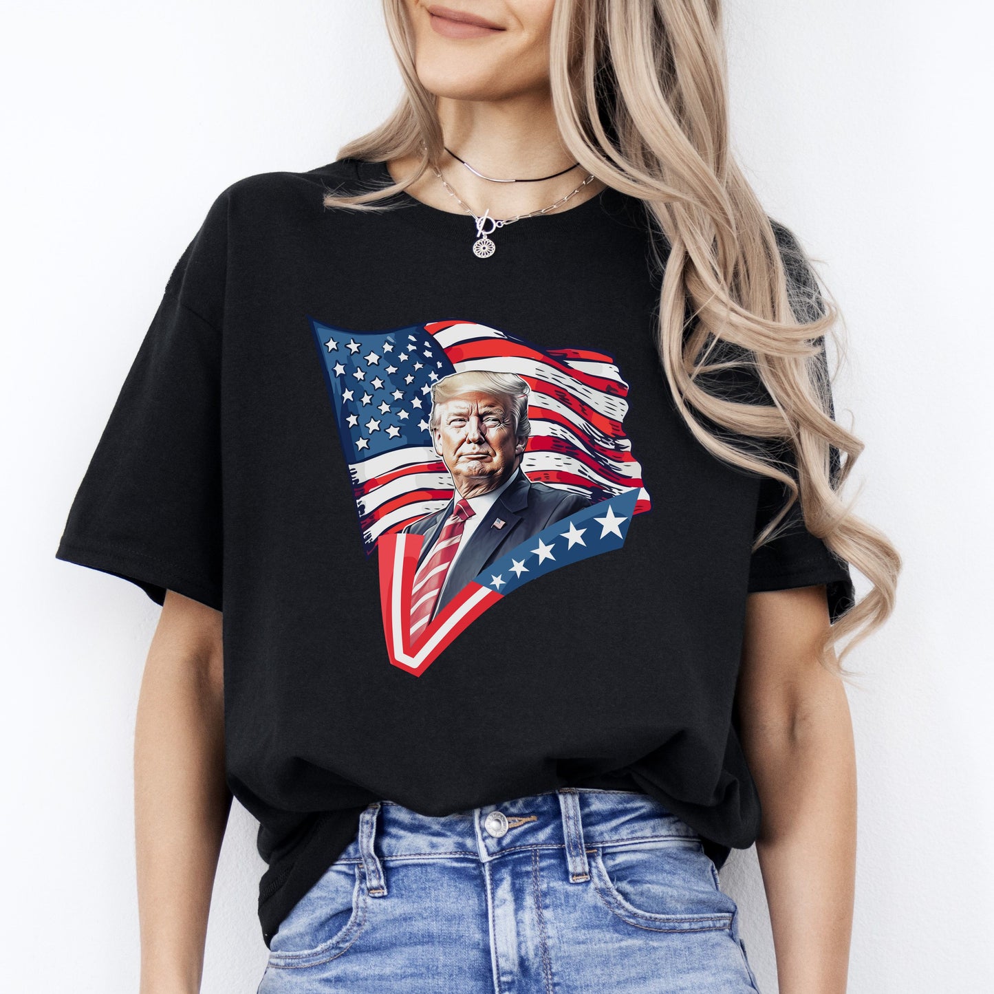 Vote Trump T-Shirt American flag 2024 US election Unisex tee Black Navy Dark Heather-Black-Family-Gift-Planet