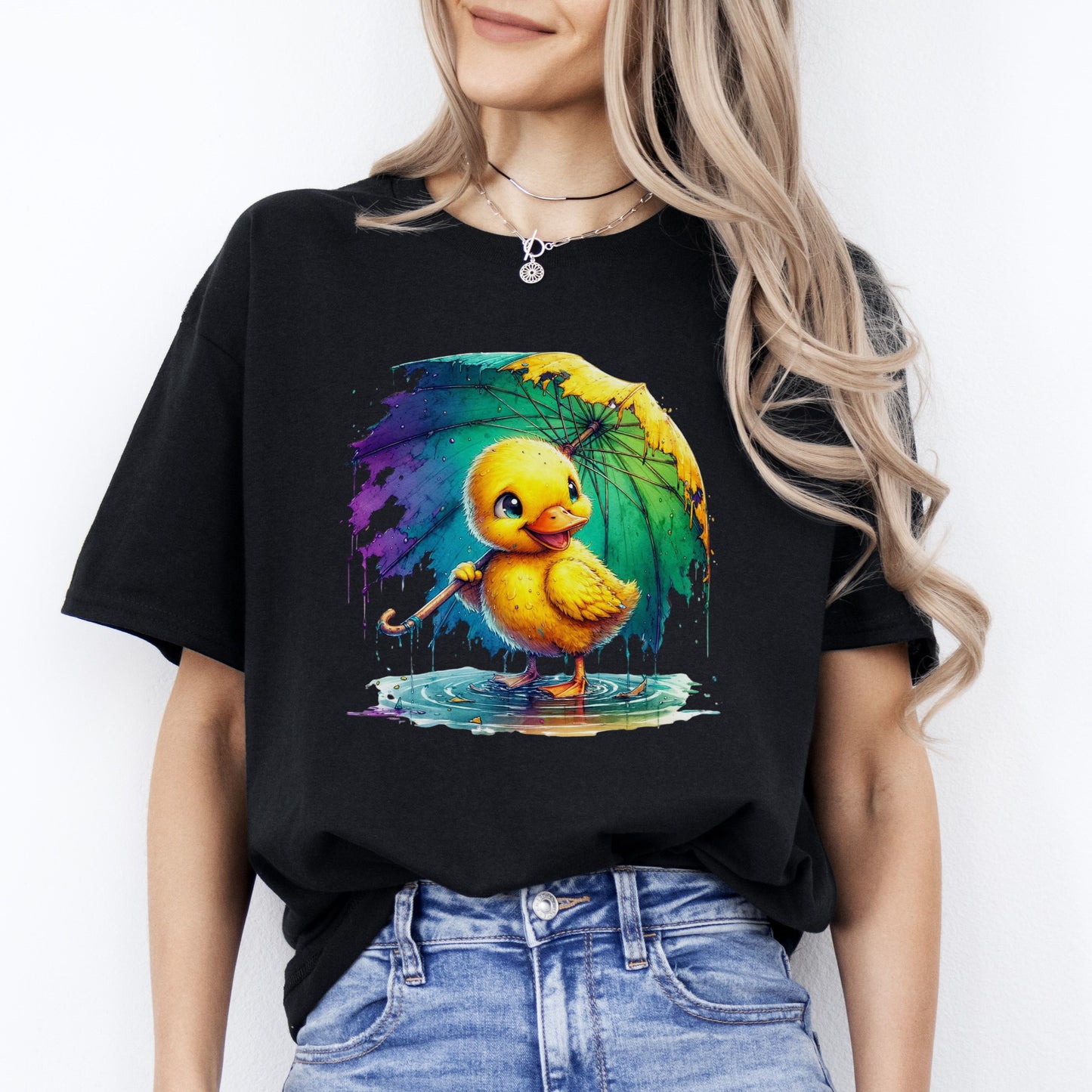 Happy Chick in the rain with umbrella T-Shirt Positive Unisex tee Black Navy Dark Heather-Black-Family-Gift-Planet