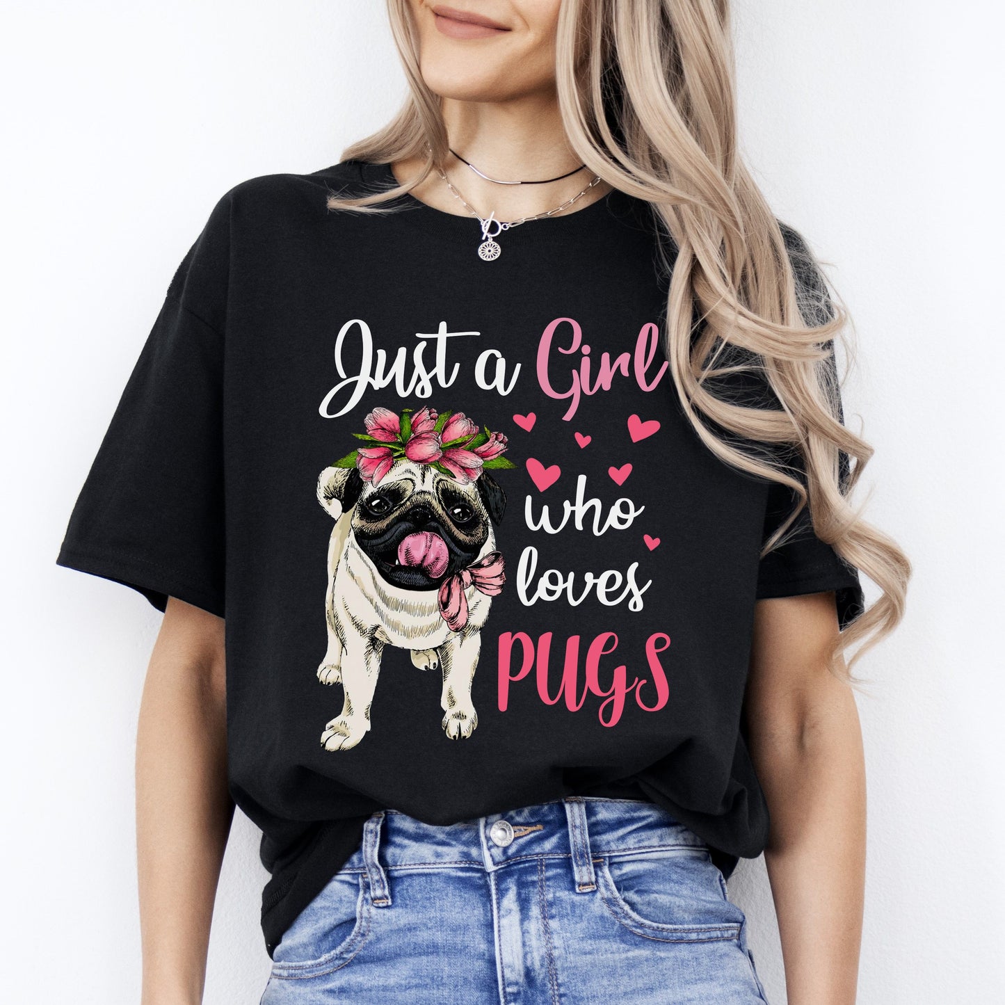 Just a girl who loves Pugs T-Shirt gift Pug Dog mom Unisex tee Black Navy Dark Heather-Black-Family-Gift-Planet