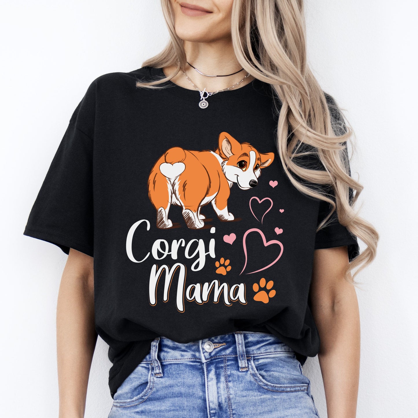 Corgi Mama T-Shirt gift heart paws Corgi Dog mom Unisex tee Black Navy Dark Heather-Black-Family-Gift-Planet