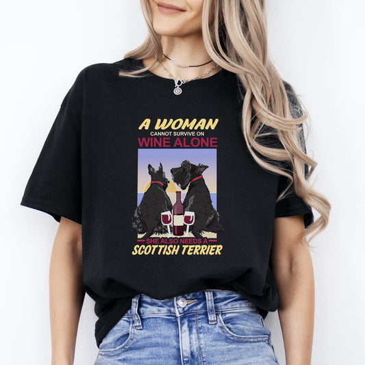 A Woman Cannot Survive On Wine Alone T-Shirt gift Scottish terrier Dog mom Unisex tee Black Navy Dark Heather-Black-Family-Gift-Planet