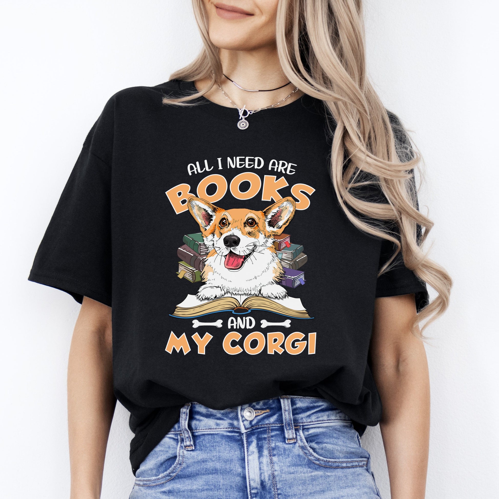 Corgi mama T-Shirt gift All I need are books and my corgi Dog mom Unisex tee Black Navy Dark Heather-Black-Family-Gift-Planet