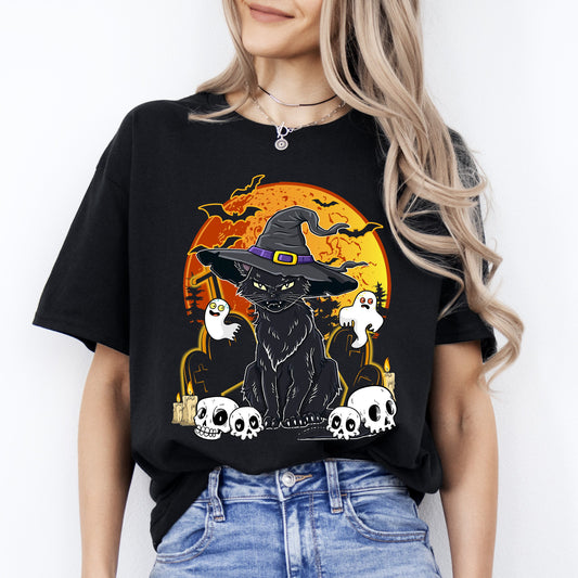 Black cat Halloween Unisex T-Shirt Scary Spooky ghosts skulls cat in hat tee Black Dark Chocolate-Black-Family-Gift-Planet