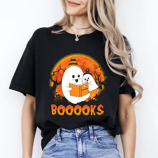 Booooks Halloween Unisex T-Shirt ghosts reading book Father and son Halloween tee Black Dark Chocolate-Black-Family-Gift-Planet