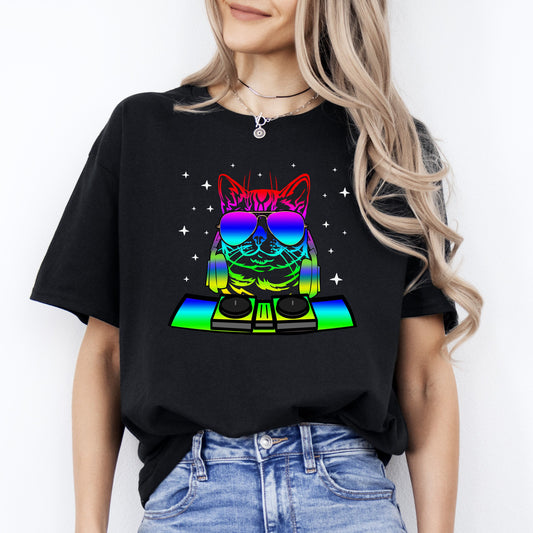 Cat DJ T-Shirt gift Neon Disco Cat mom Unisex Tee Black Navy Dark Heather-Black-Family-Gift-Planet