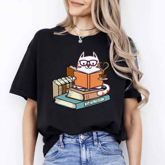 Cat Reading Book T-Shirt gift Coffee books Cat mom Unisex Tee Black Navy Dark Heather-Black-Family-Gift-Planet