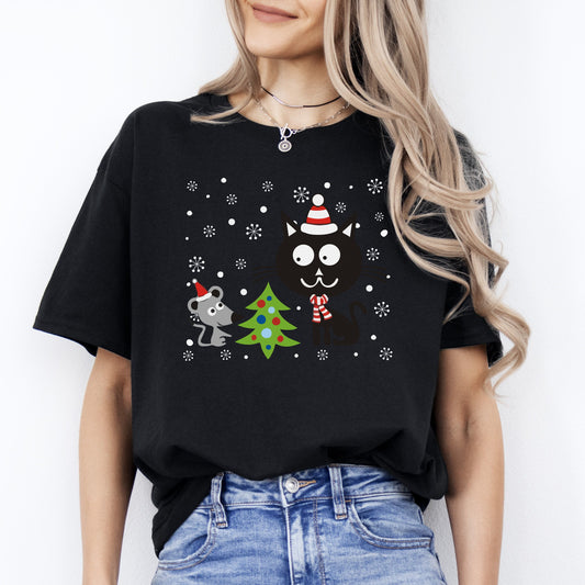 Cat and Mouse Christmas T-Shirt gift Show Cat mom Unisex Tee Black Navy Dark Heather-Black-Family-Gift-Planet