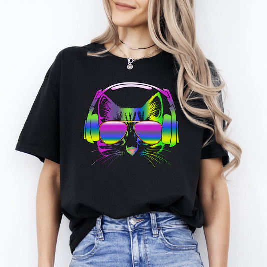 Cat headphone T-Shirt gift Neon Cat listen music cat mom Unisex Tee Black Navy Dark Heather-Black-Family-Gift-Planet
