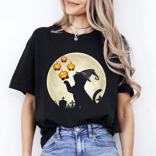 Cat and pumpkins Halloween Unisex T-Shirt Moonlight grave black cat tee Black Dark Chocolate-Black-Family-Gift-Planet