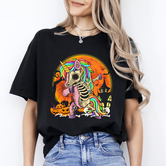 Dabbing unicorn Halloween Unisex T-Shirt Scary Unicorn Skeleton dance tee Black Dark Chocolate-Black-Family-Gift-Planet