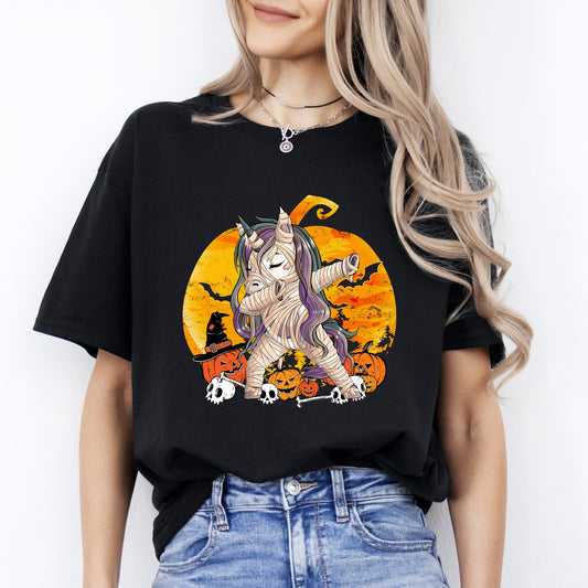 Dabbing unicorn Halloween Unisex T-Shirt Scary Spooky Unicorn dancing tee Black Dark Chocolate-Black-Family-Gift-Planet