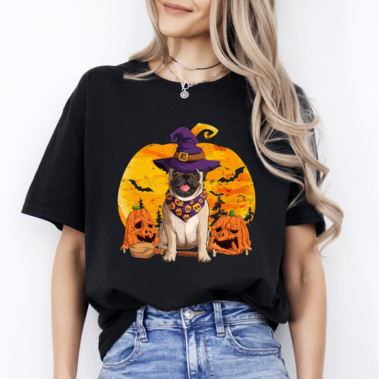 Dog pumpkin Halloween Unisex T-Shirt Bulldog wizard full moon pumpkins tee Black Dark Chocolate-Black-Family-Gift-Planet