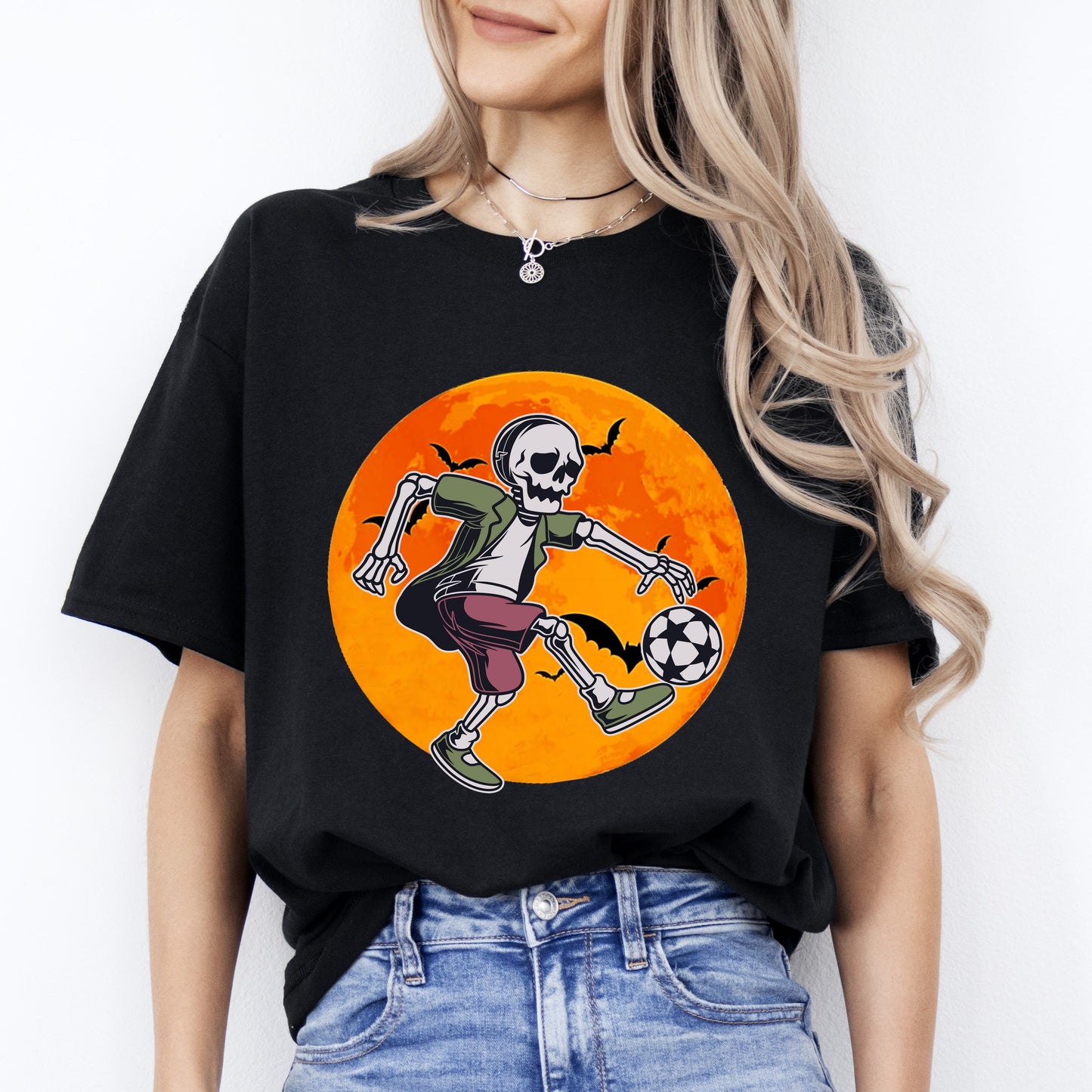 Football skeleton Halloween Unisex T-Shirt Soccer lover Soccer player Spooky tee Black Dark Chocolate-Black-Family-Gift-Planet