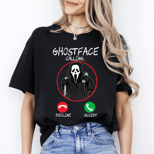 Ghostface calling Halloween Unisex T-Shirt Scary Spooky ghost mobile phone tee Black Dark Chocolate-Black-Family-Gift-Planet