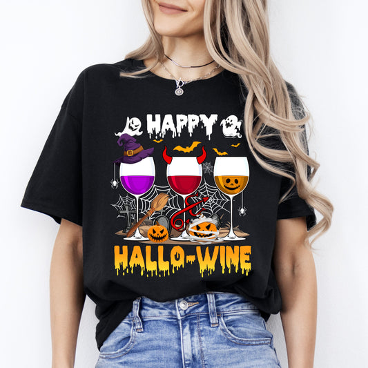 Happy Hallowine Unisex T-Shirt funny Wine lover Halloween tee Black Dark Chocolate-Black-Family-Gift-Planet