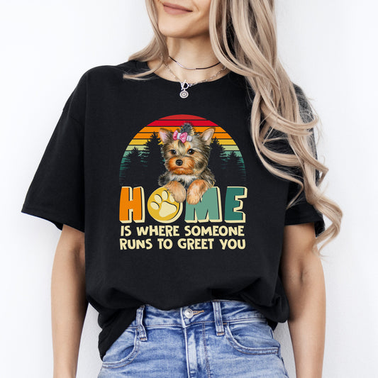 Yorkshire terrier retro T-Shirt gift Home is where someone runs to greet you Dog mom Unisex tee Black Navy Dark Heather-Black-Family-Gift-Planet