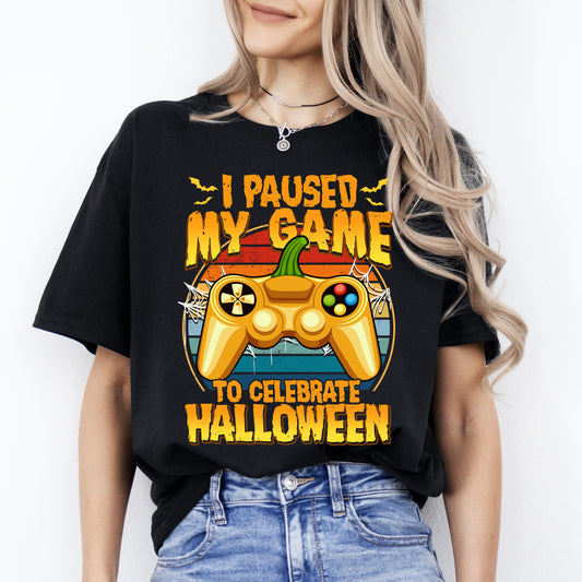 I paused my game to celebrate Halloween Unisex T-Shirt Gamer golden console spooky season tee Black Dark Chocolate-Black-Family-Gift-Planet