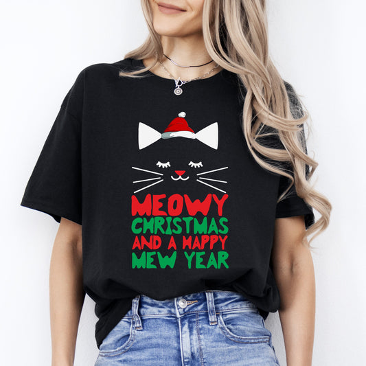 Meowy Christmas and a Happy mew year T-Shirt gift Holiday Cat lover Unisex Tee Black Navy Dark Heather-Black-Family-Gift-Planet