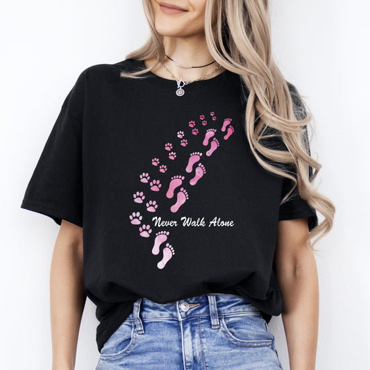 Never Walk Alone T-Shirt gift Dog paw steps Dog mom Unisex tee Black Navy Dark Heather-Black-Family-Gift-Planet