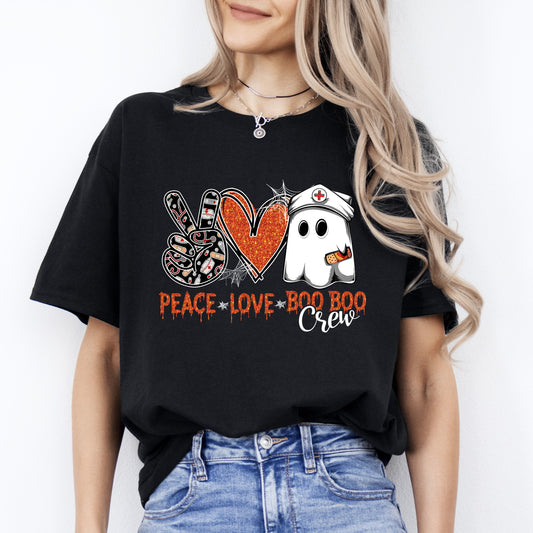 Peace love boo boo crew Halloween Unisex T-Shirt nurse squad medical team tee Black Dark Chocolate-Black-Family-Gift-Planet