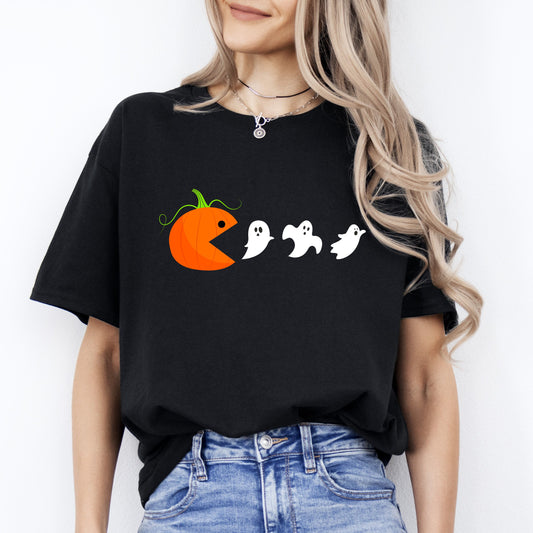 Pumpkin eats ghosts Halloween Unisex T-Shirt funny classic game vintage Spooky tee Black Dark Chocolate-Black-Family-Gift-Planet