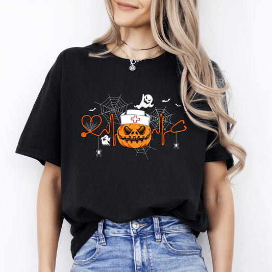 Pumpkin nurse Halloween Unisex T-Shirt Grumpy Nurse heartbeat spooky season tee Black Dark Chocolate-Black-Family-Gift-Planet